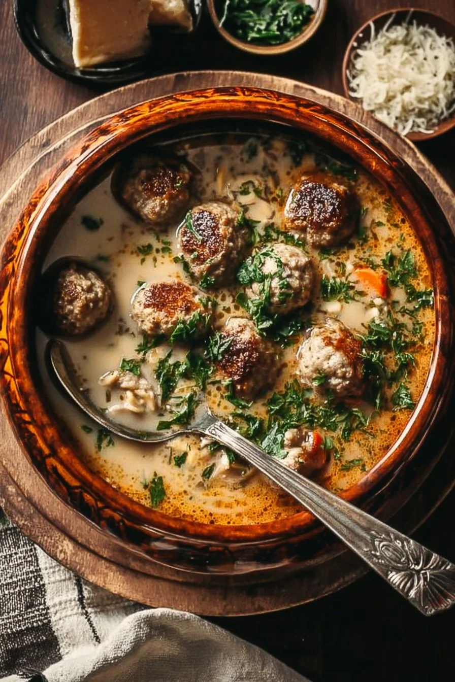 Bowl of creamy Swedish Meatball Soup garnished with herbs