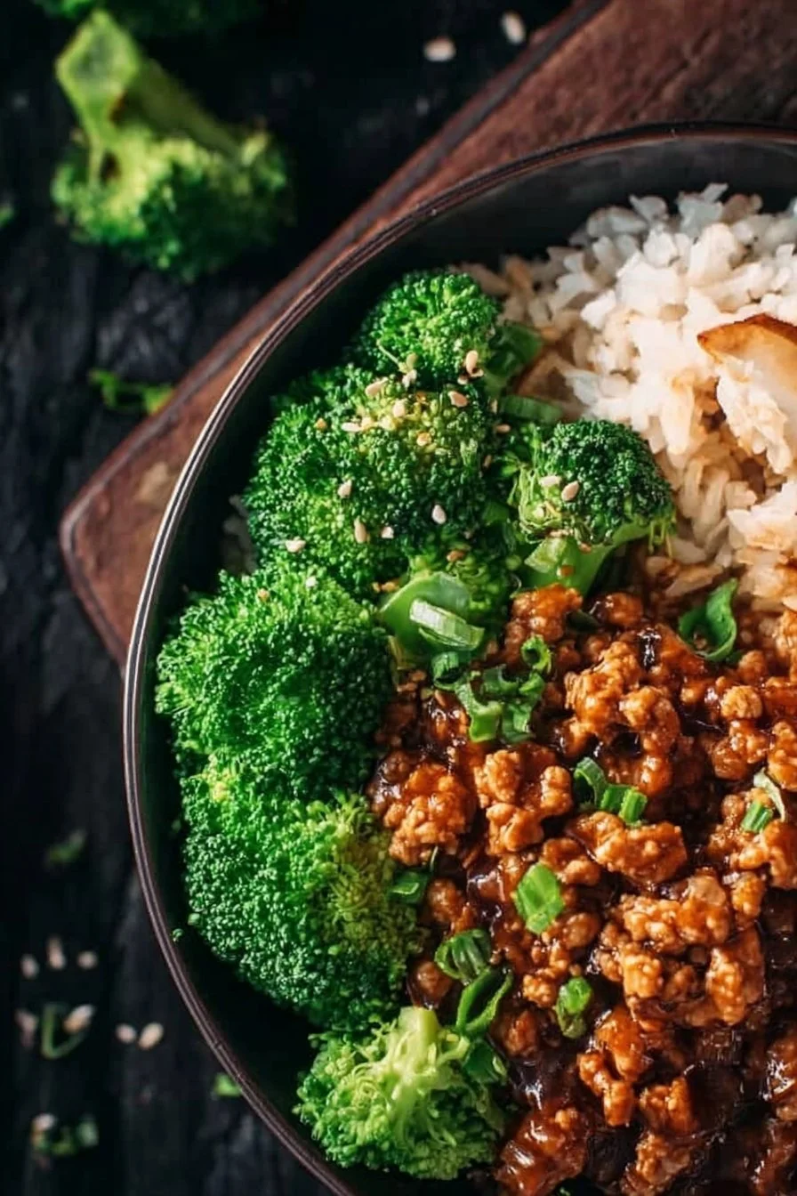 Sweet and Spicy Ground Turkey Broccoli Bowls with vibrant vegetables