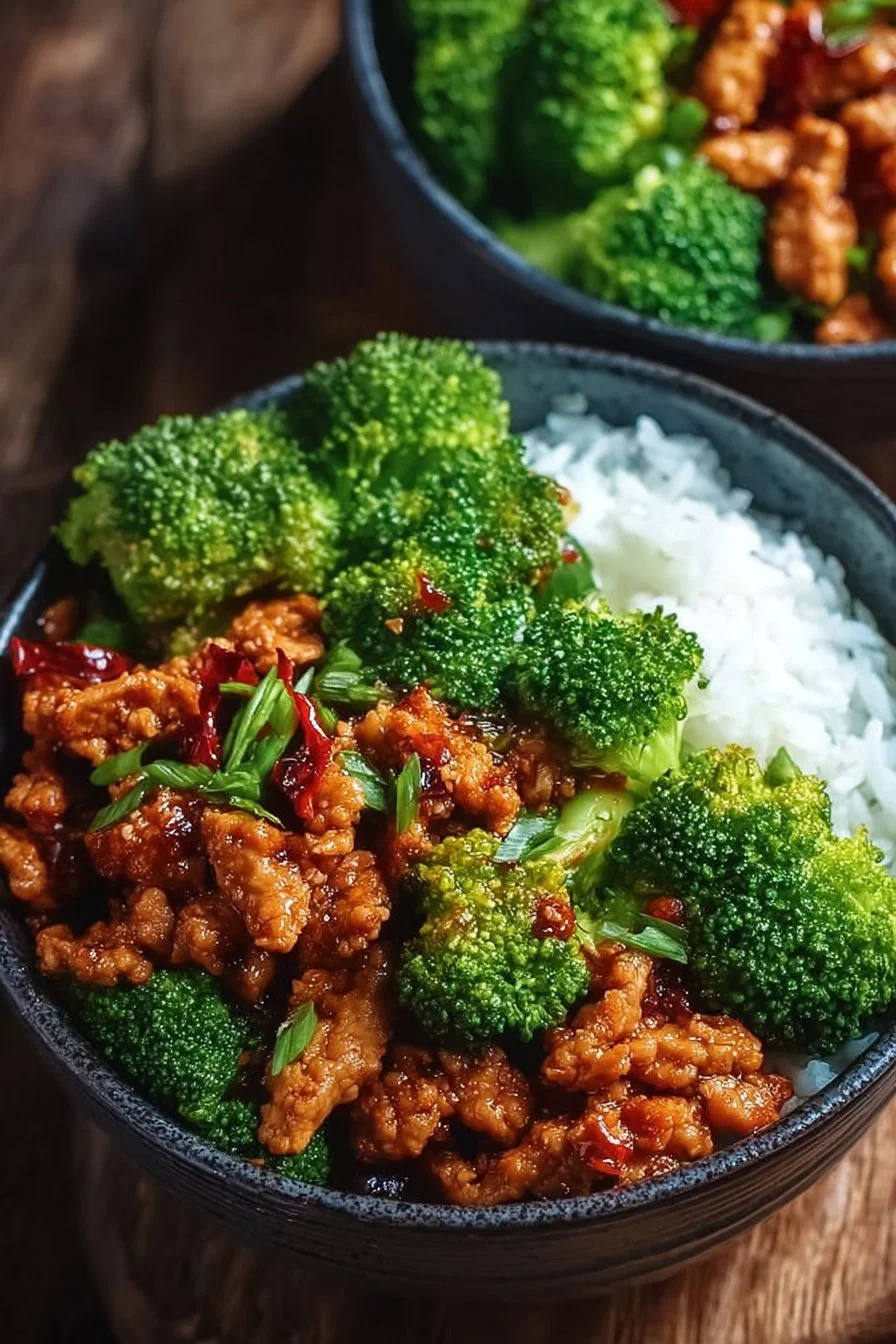 Delicious sweet and spicy turkey broccoli bowls served in a bowl