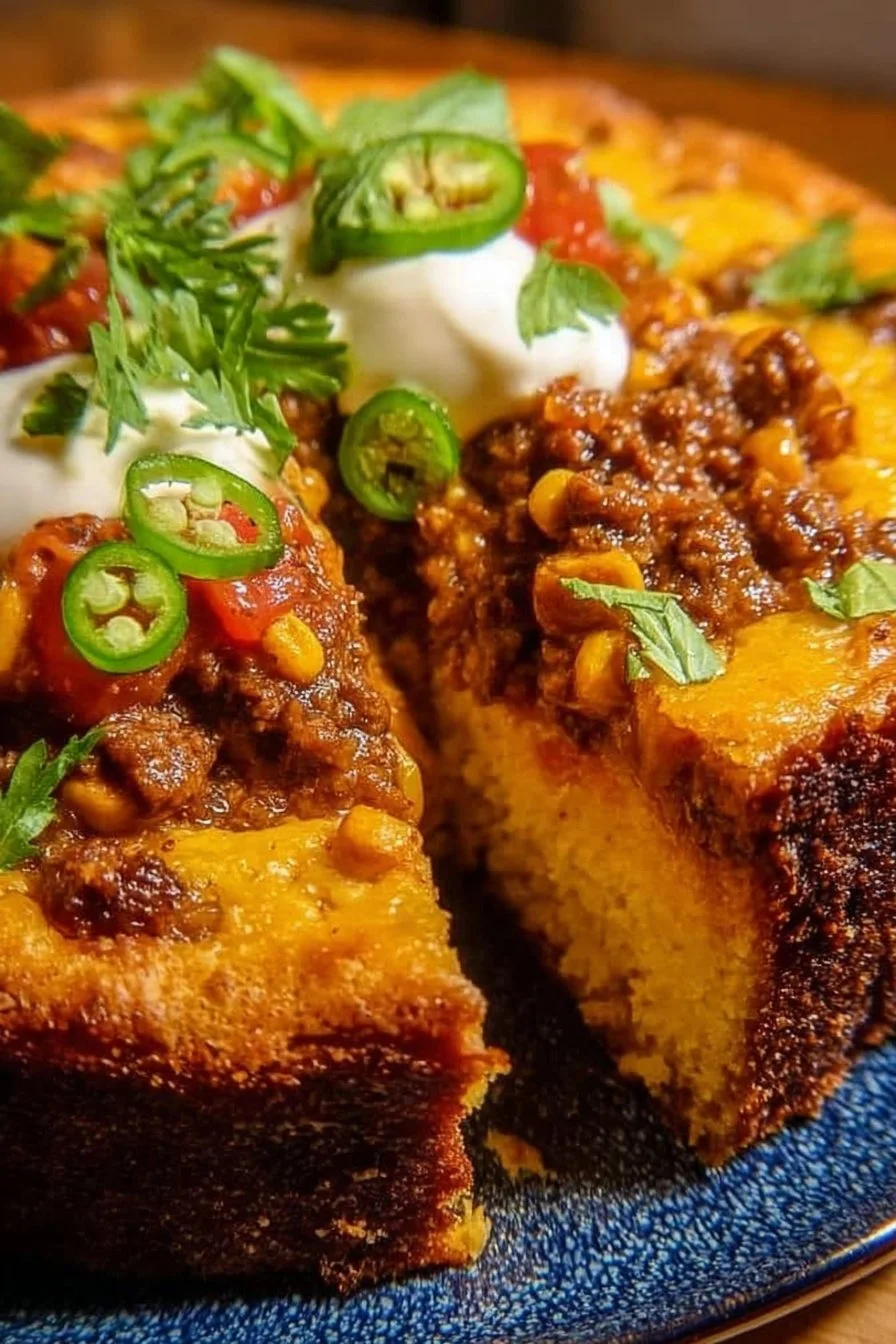 Delicious Texas Tamale Pie topped with cheese and fresh herbs