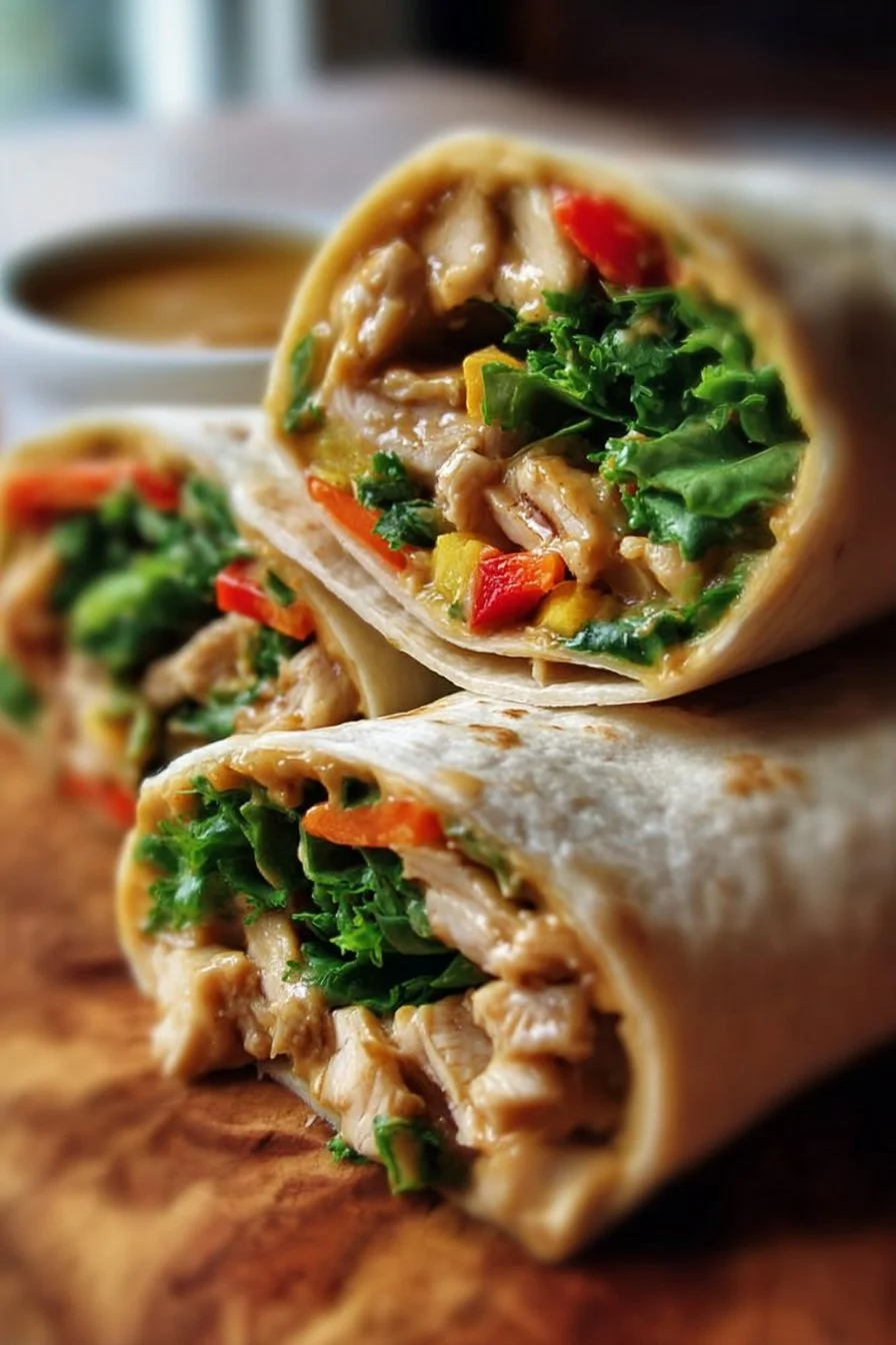 Thai Peanut Chicken Wraps with fresh vegetables and a rich peanut sauce