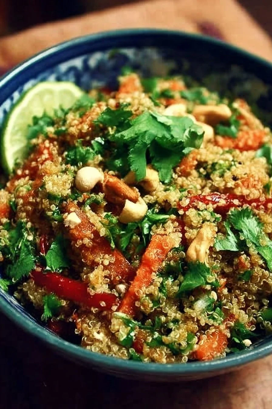 Colorful Thai Quinoa Crunch Salad with vegetables and peanuts in a bowl