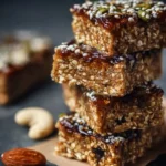 Delicious homemade protein bars on a wooden table with nutritional ingredients.
