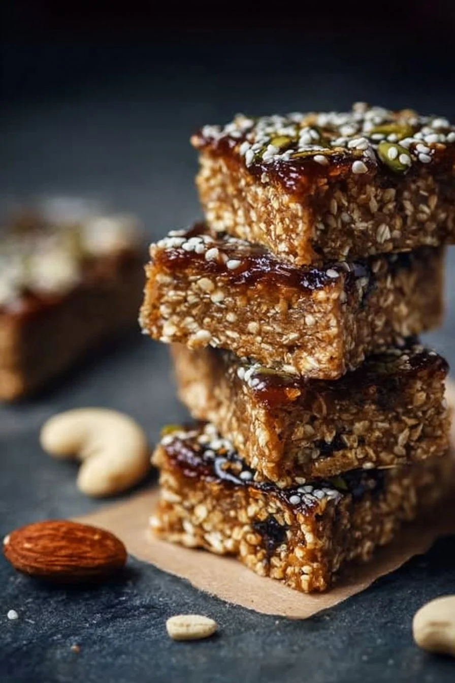 Delicious homemade protein bars on a wooden table with nutritional ingredients.
