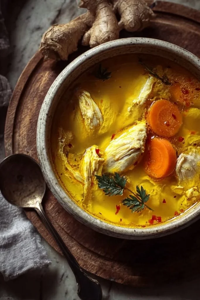 Bowl of turmeric chicken soup garnished with herbs and spices.