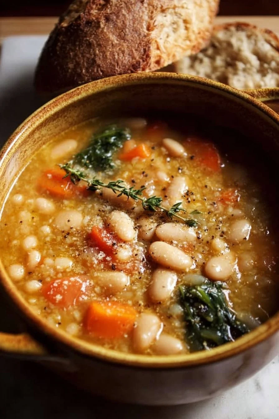 Delicious bowl of Tuscan white bean soup garnished with fresh herbs