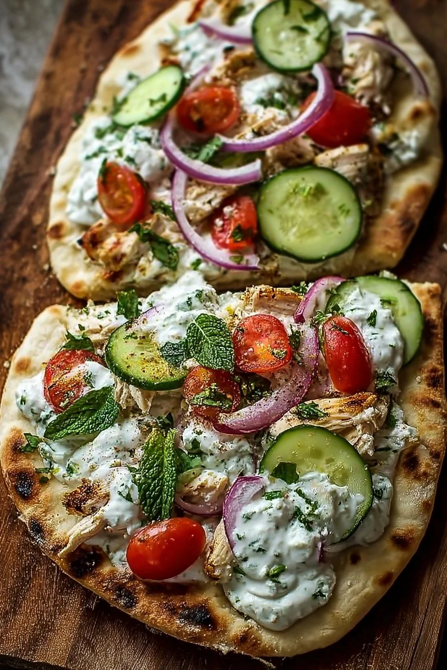 Tzatziki Chicken Vegetable Naan Pizza topped with fresh ingredients