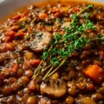 Bowl of vegan lentil mushroom stew topped with fresh herbs