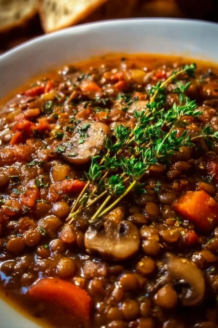 Bowl of vegan lentil mushroom stew topped with fresh herbs