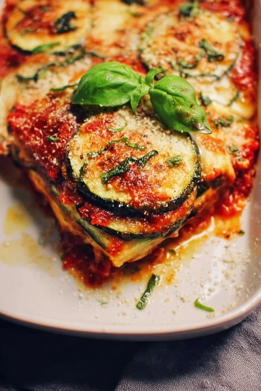 A plate of Zucchini Lasagna layered with cheese, sauce, and fresh herbs