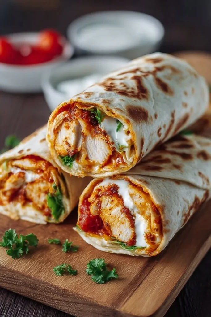 Air fryer chicken mozzarella wraps with crispy tortilla and melted cheese