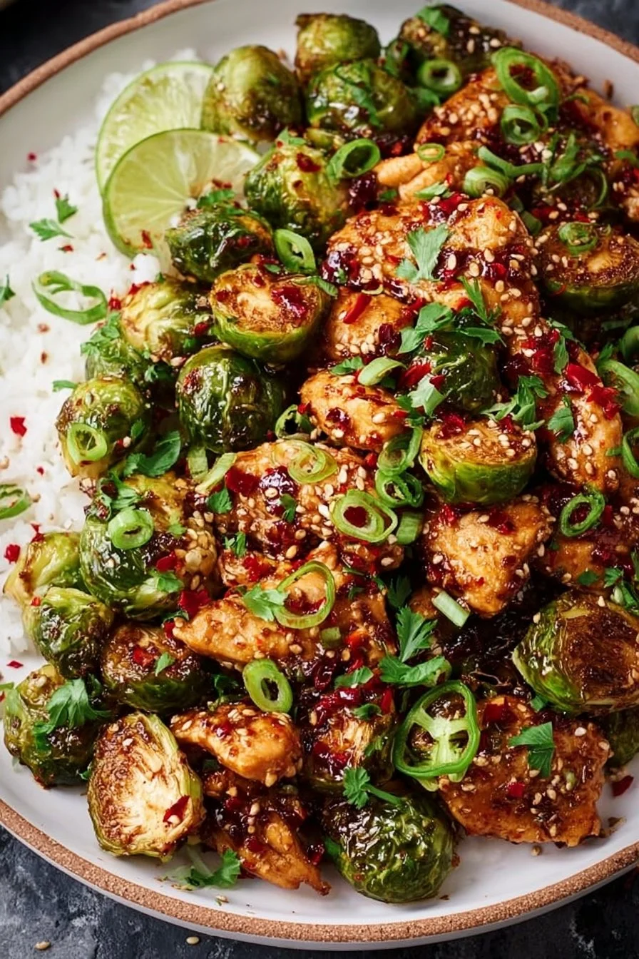 Air Fryer sweet chili chicken served with Brussels sprouts on a plate