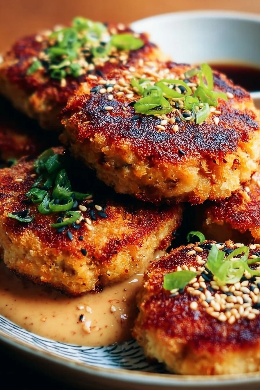 Plate of Asian Tuna Cakes garnished with herbs and served with dipping sauce.
