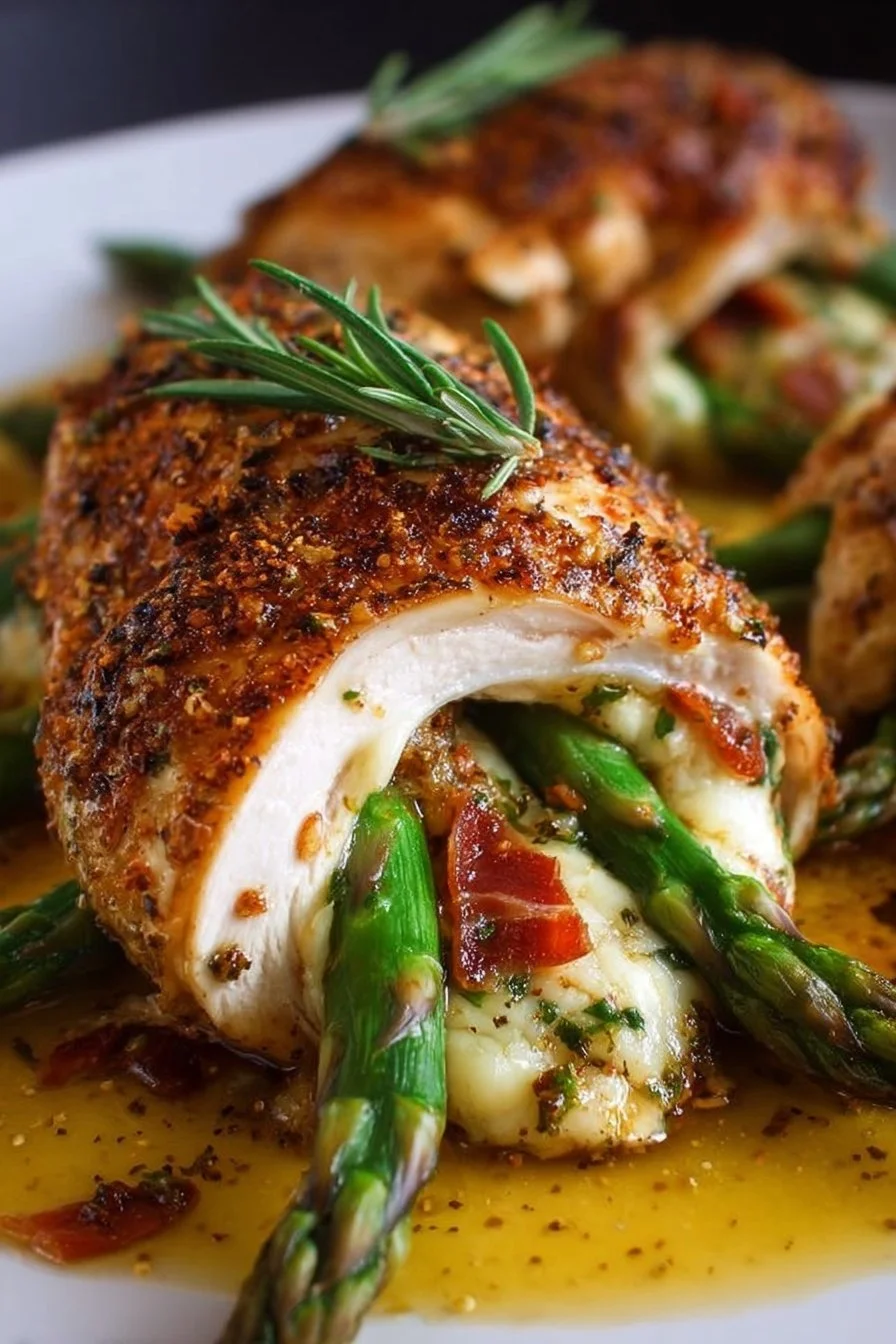 Delicious asparagus stuffed chicken breast garnished with fresh herbs