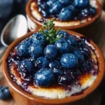 Baked blueberry cottage cheese bowls topped with fresh blueberries and honey