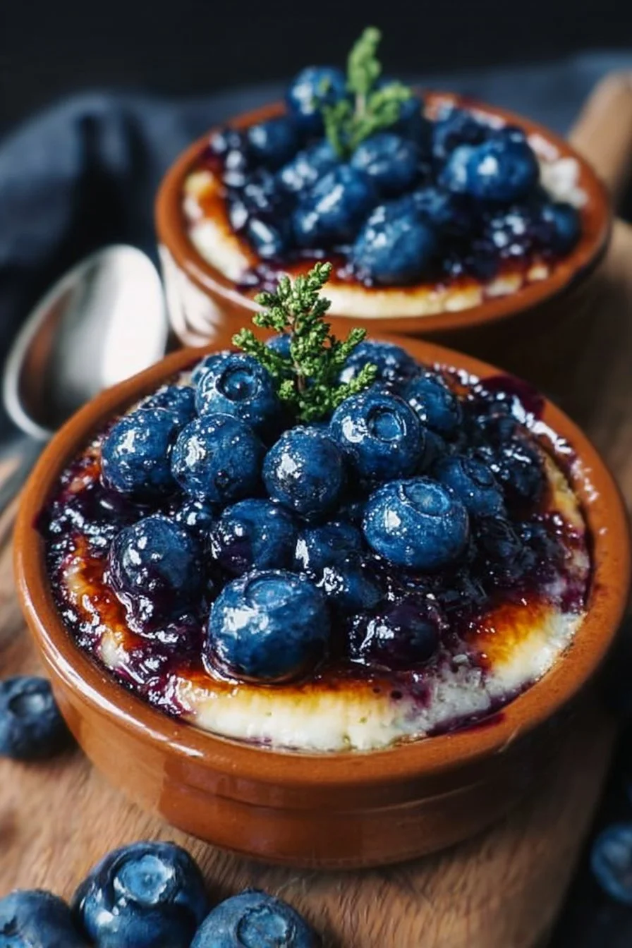 Baked blueberry cottage cheese bowls topped with fresh blueberries and honey