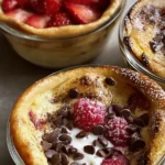Delicious baked protein pancake bowls topped with fresh fruits and syrup