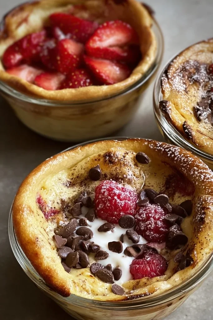 Delicious baked protein pancake bowls topped with fresh fruits and syrup