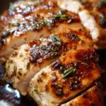 Baked balsamic chicken breast with herbs and spices served on a plate