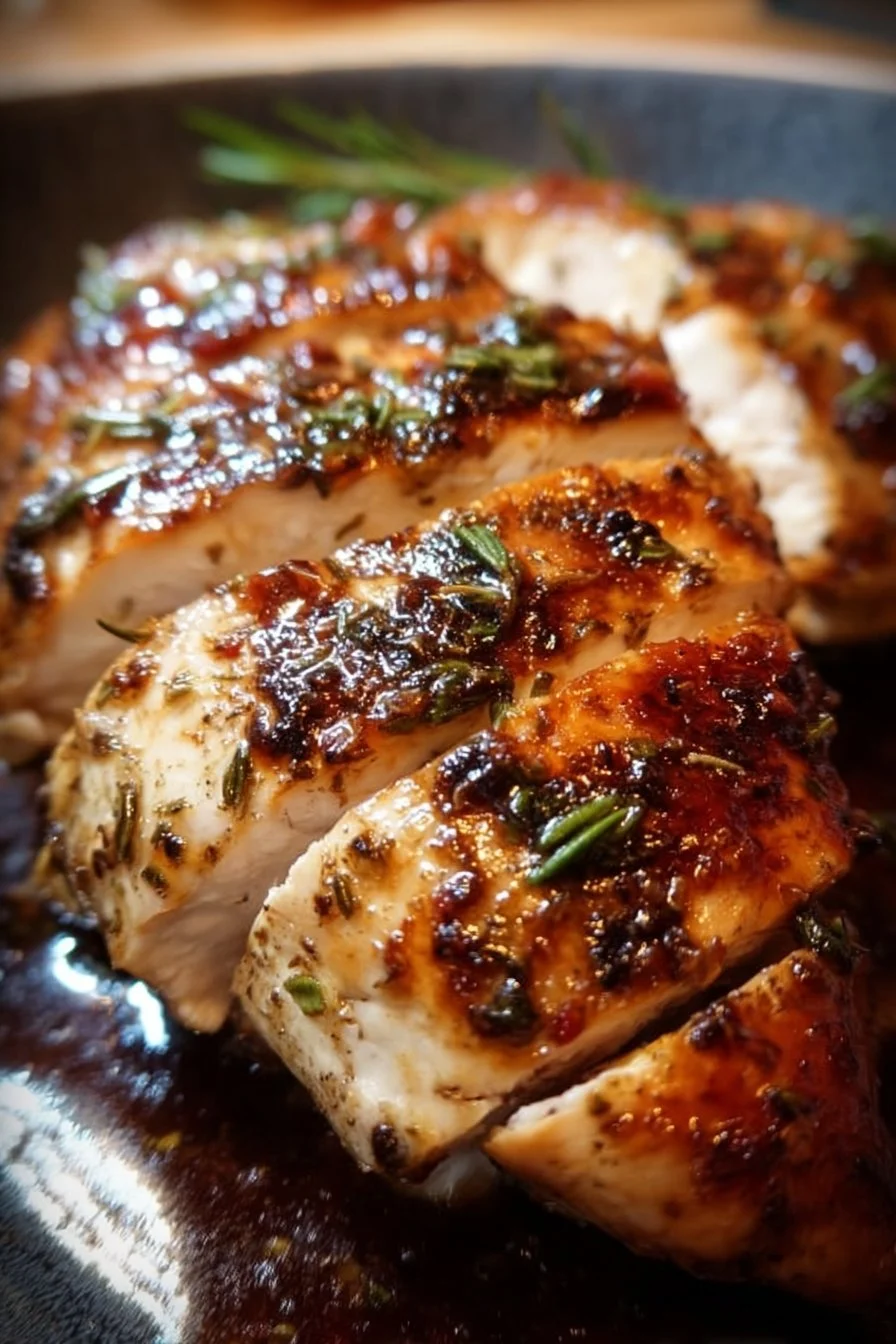 Balsamic Baked Chicken Breast 3 Baked balsamic chicken breast with herbs and spices served on a plate