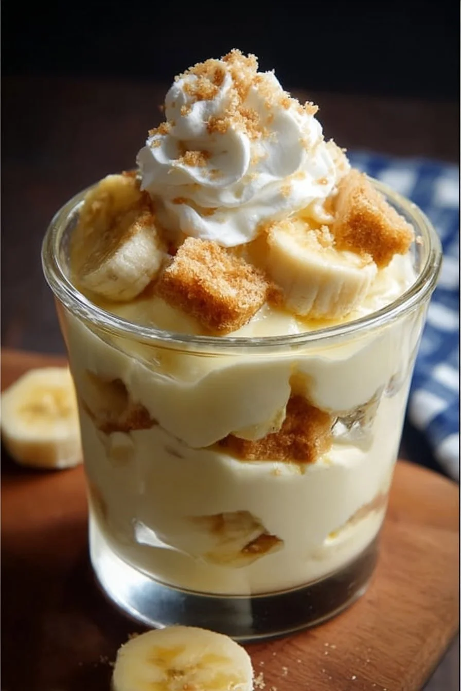 Banana Pudding Delight 3 A delicious bowl of banana pudding topped with whipped cream and fresh banana slices.