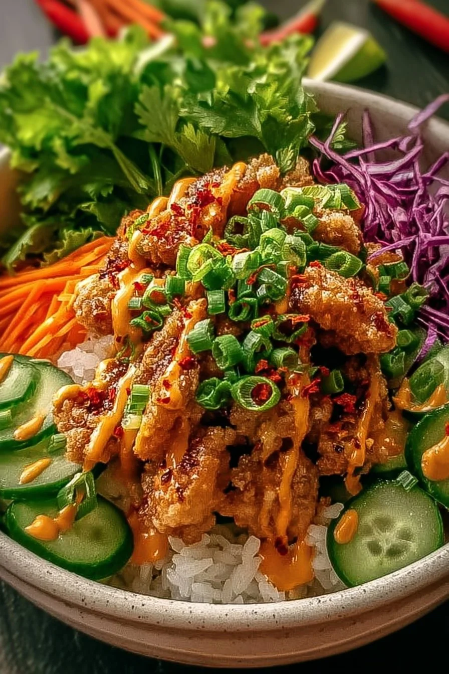 Bang Bang Chicken Bowl with colorful vegetables and spicy sauce.