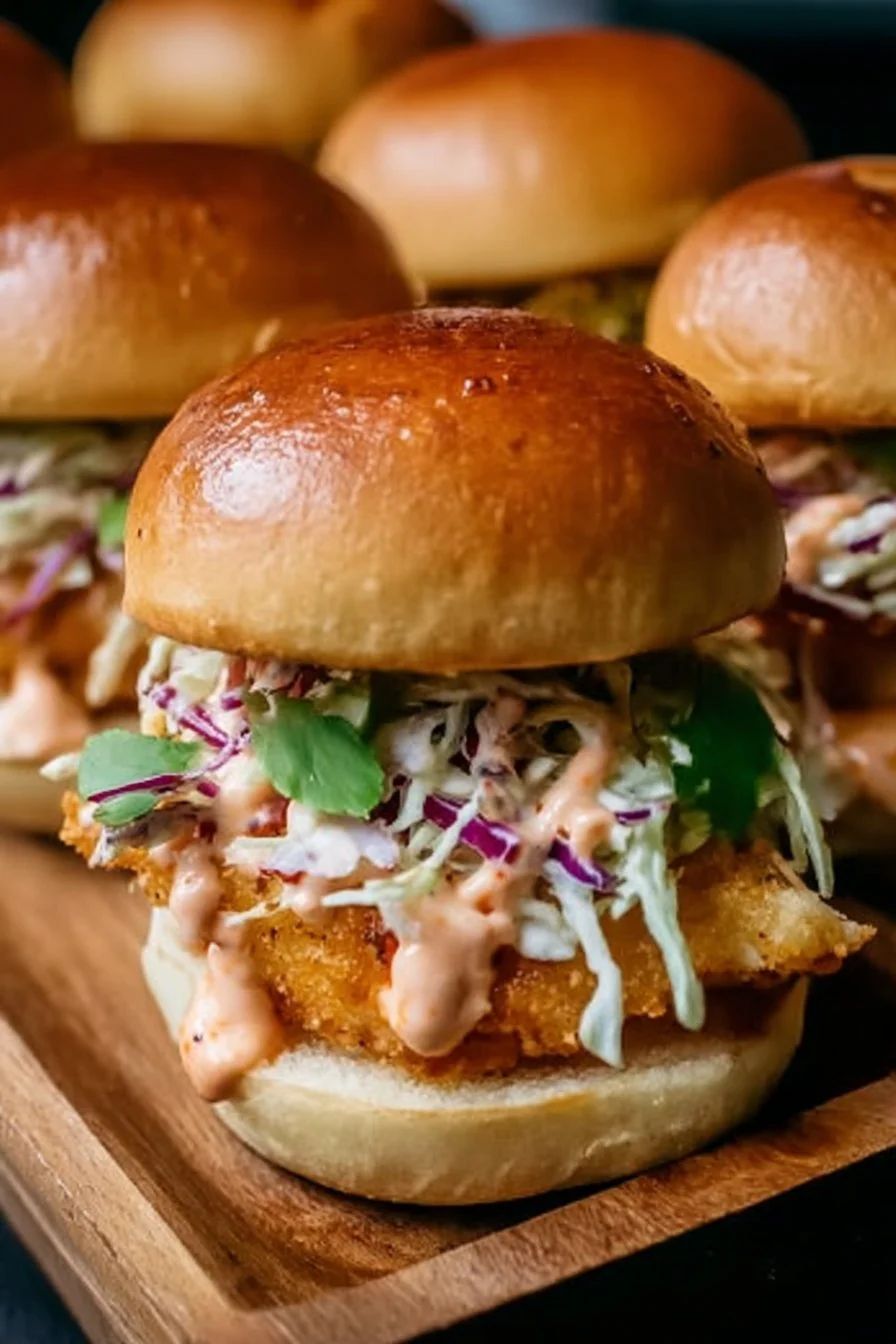 Bang Bang Chicken Sliders served on a platter with garnish