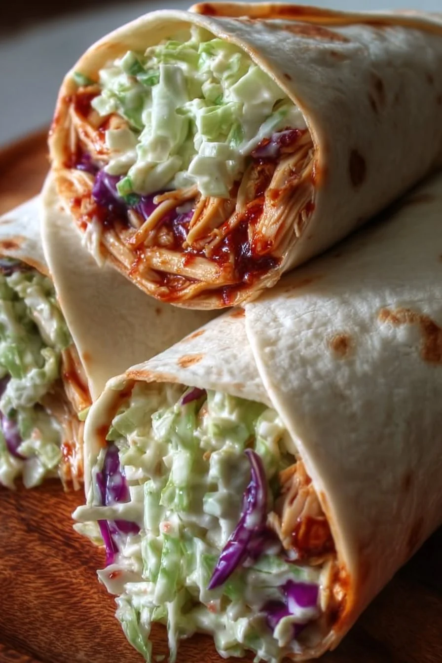 BBQ Chicken Coleslaw Wraps served on a white plate with fresh ingredients