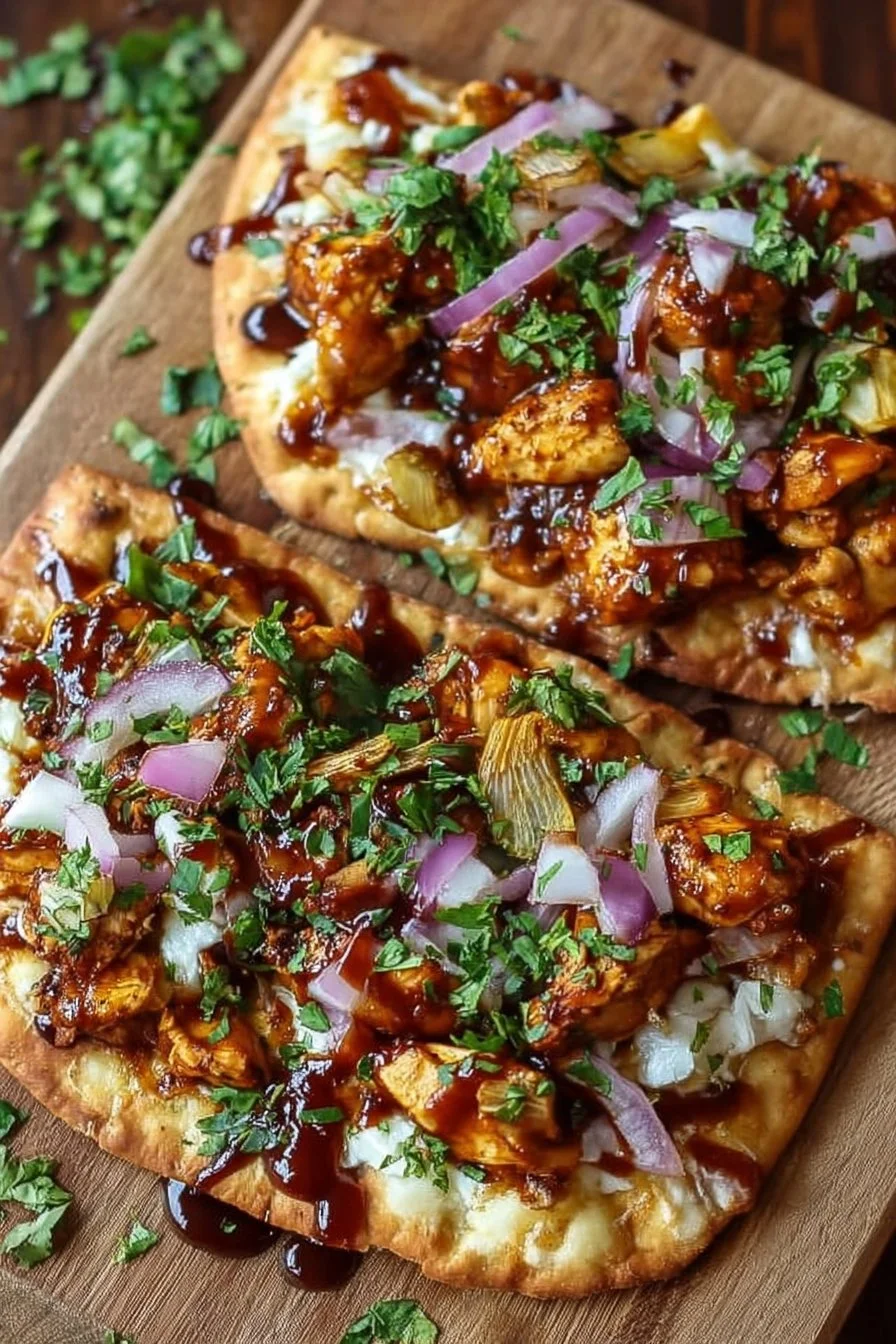 BBQ chicken flatbreads topped with fresh ingredients and drizzled with sauce