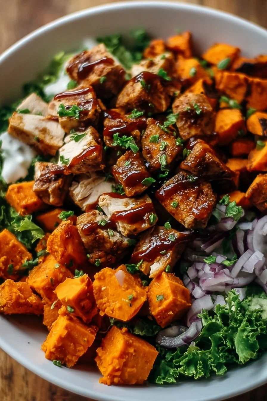 BBQ Chicken Sweet Potato Bowl with vibrant vegetables and savory sauce