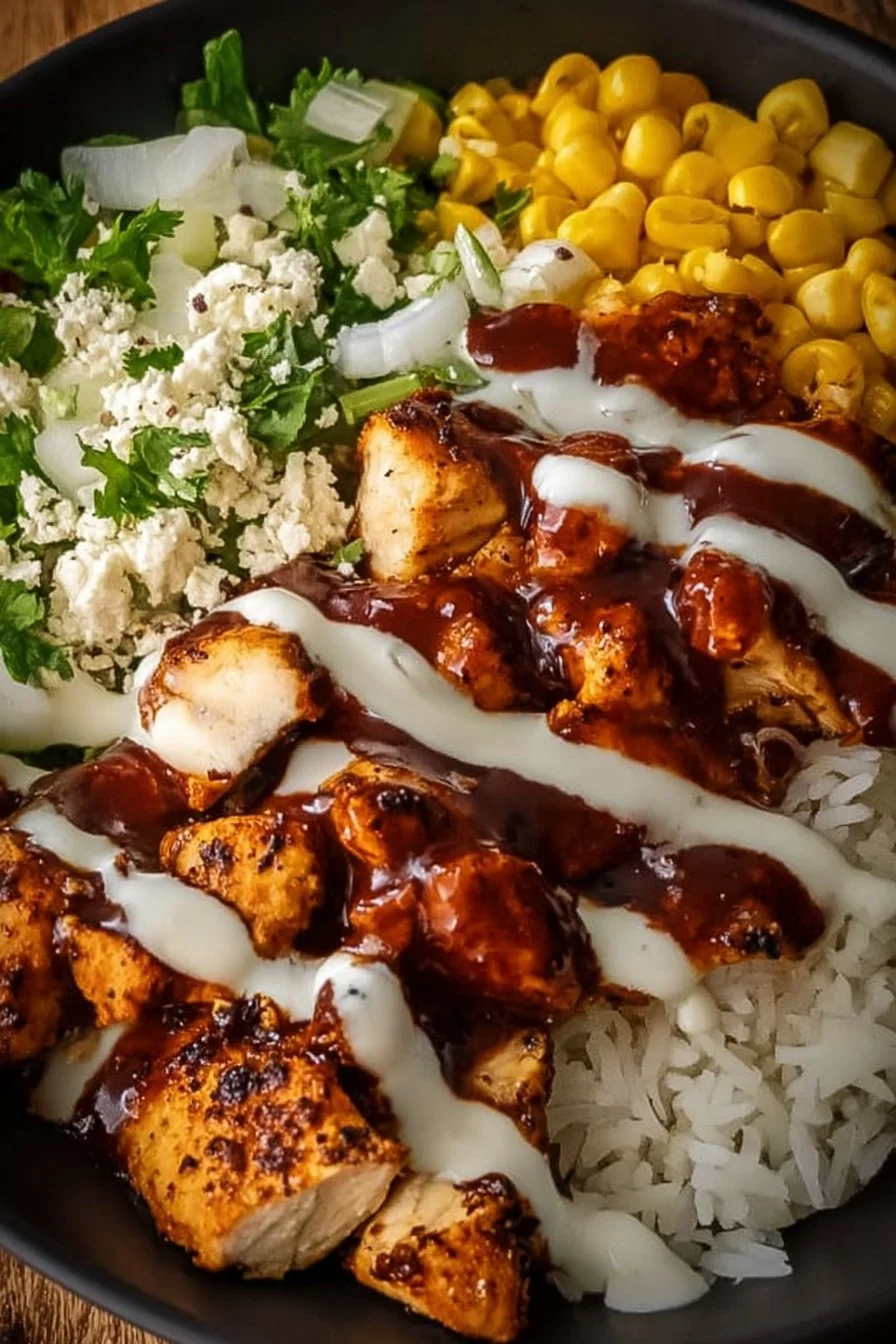 BBQ Ranch Chicken Bowl with grilled chicken, ranch dressing, and BBQ sauce