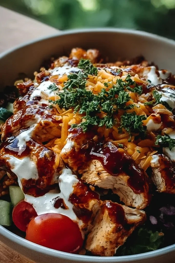 BBQ Ranch Chicken Bowl with colorful toppings and BBQ sauce