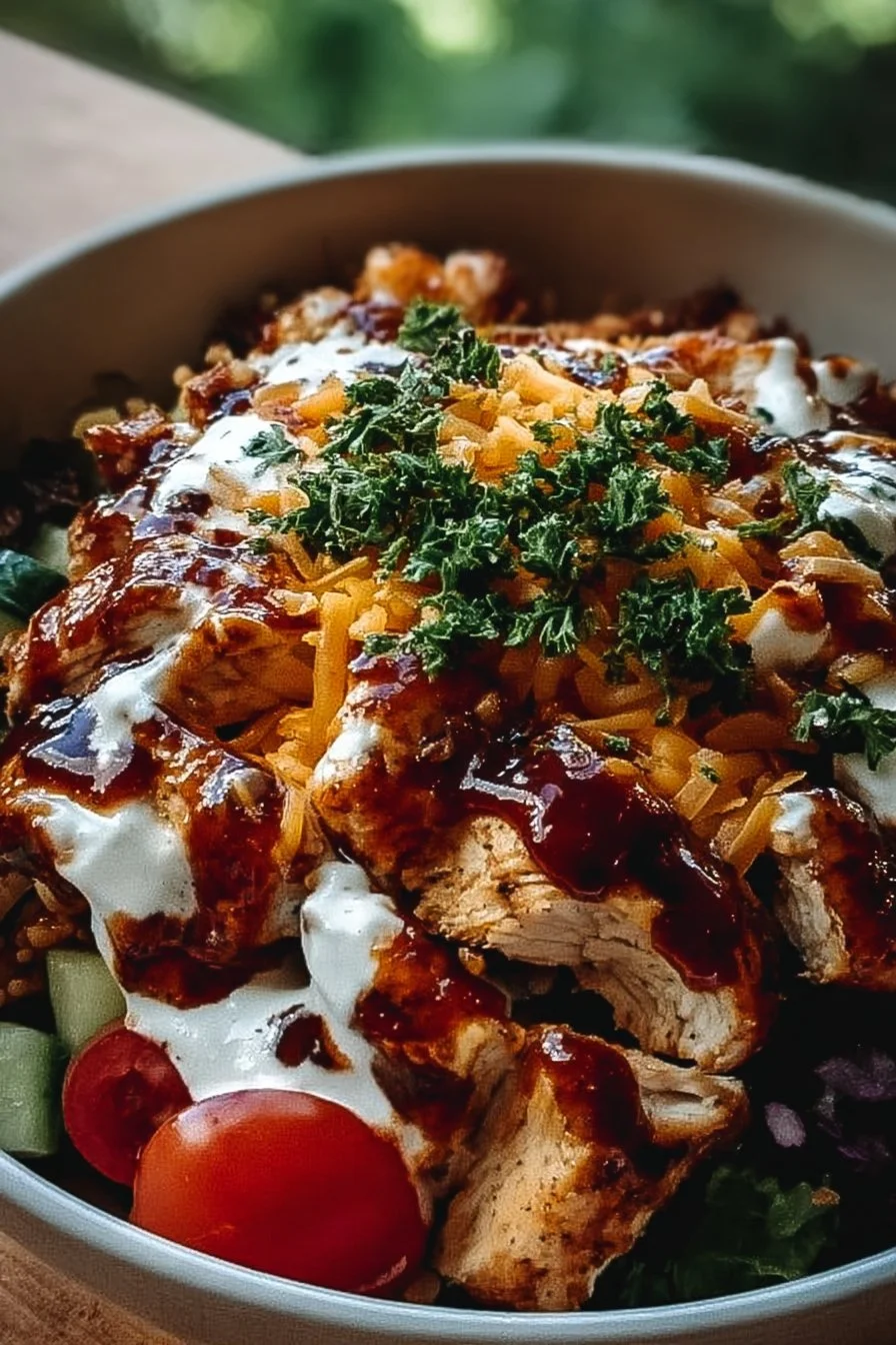 BBQ Ranch Chicken Bowl with colorful toppings and BBQ sauce