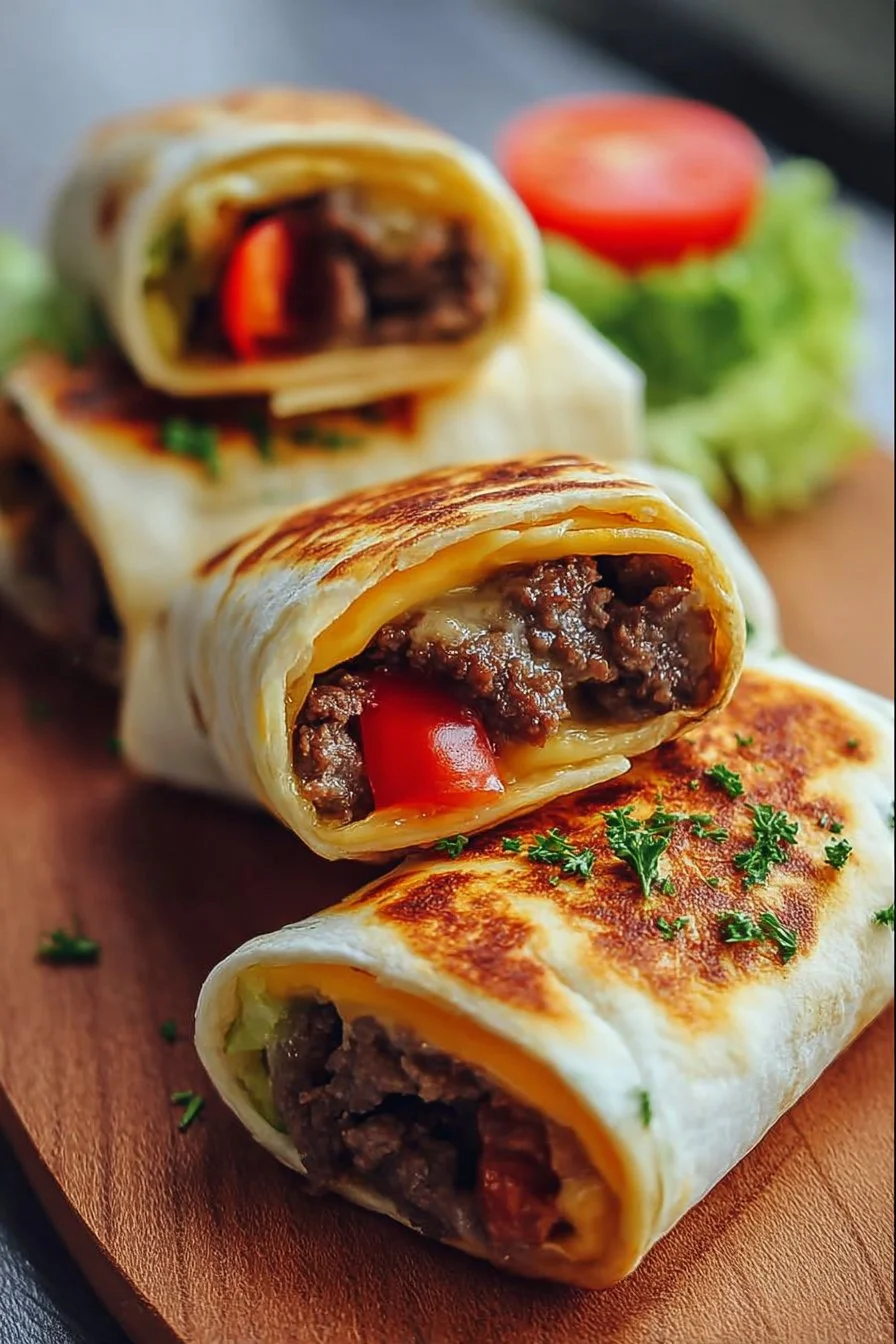 Savory Beef Cheeseburger Rollups on a plate, garnished with fresh ingredients.