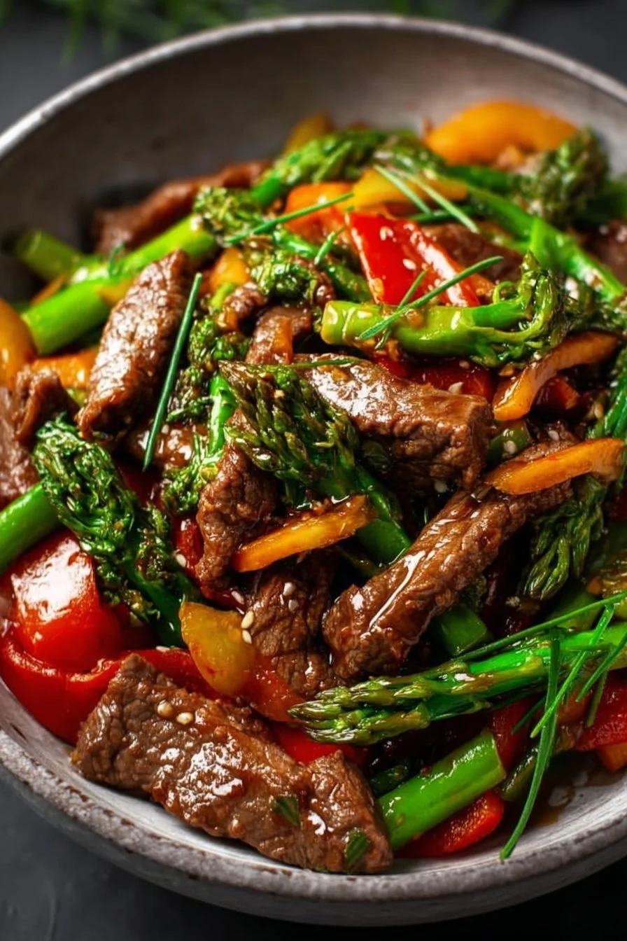 Delicious beef stir fry with colorful vegetables in a wok.