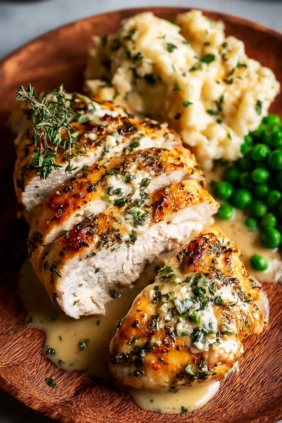 Creamy Boursin Chicken served with fresh herbs and vegetables