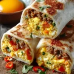 A delicious breakfast burrito filled with eggs, cheese, and vegetables