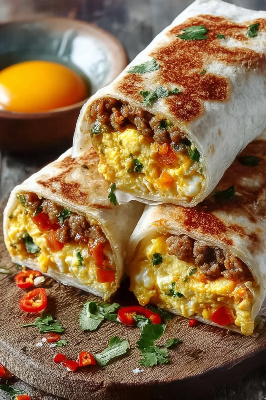 A delicious breakfast burrito filled with eggs, cheese, and vegetables