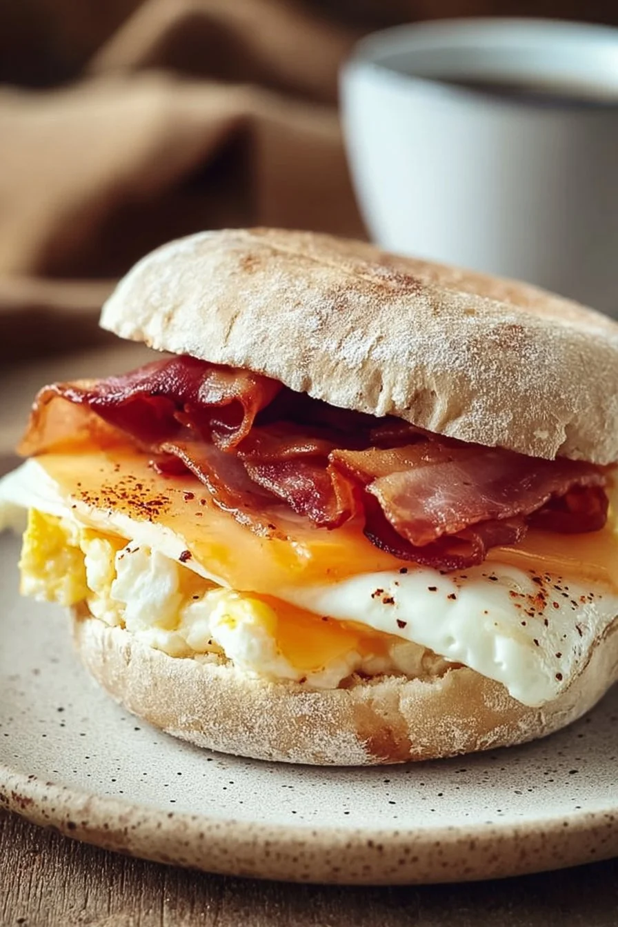 Breakfast sandwich with turkey bacon and egg whites on a plate