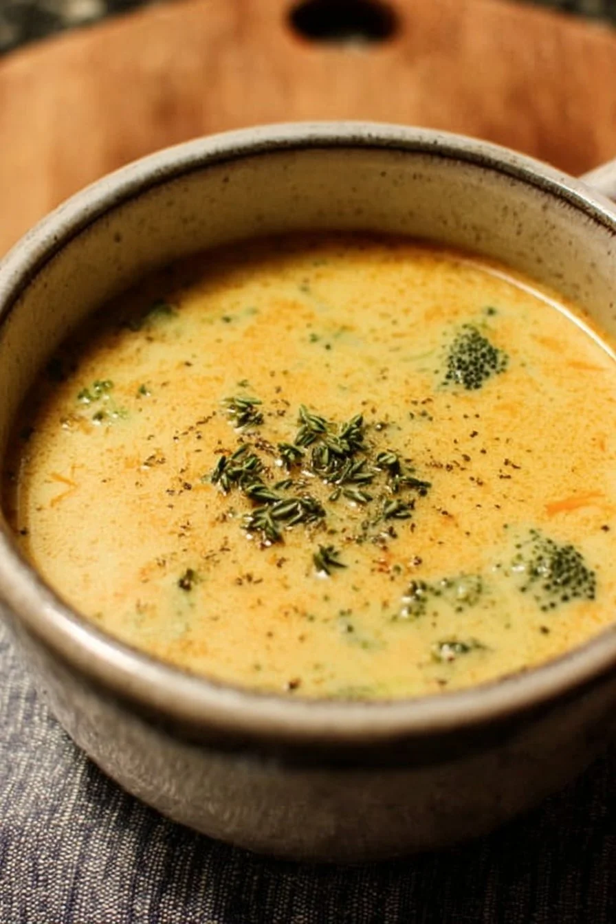 A delicious bowl of creamy Broccoli Cheddar Soup topped with fresh broccoli florets.