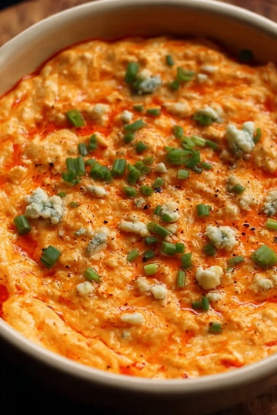 Delicious Buffalo Chicken Dip served in a bowl with tortilla chips
