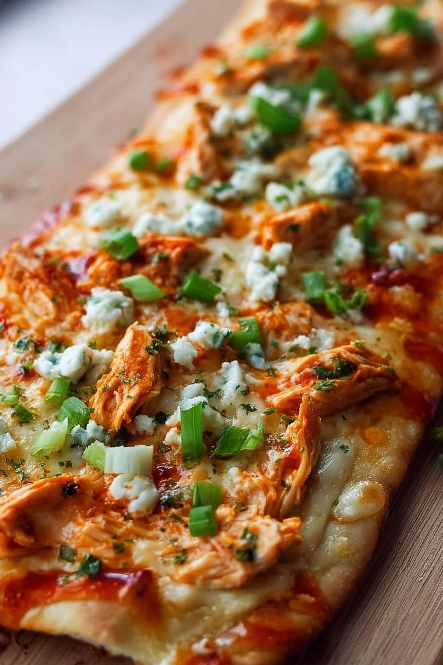 Buffalo Chicken Flatbread topped with spicy chicken and fresh ingredients.
