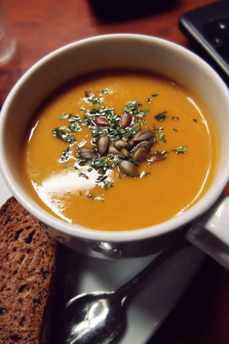 Bowl of creamy butternut squash soup garnished with herbs and spices