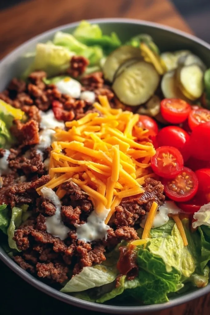 Fresh and colorful cheeseburger salad bowl with lettuce, tomatoes, and beef.