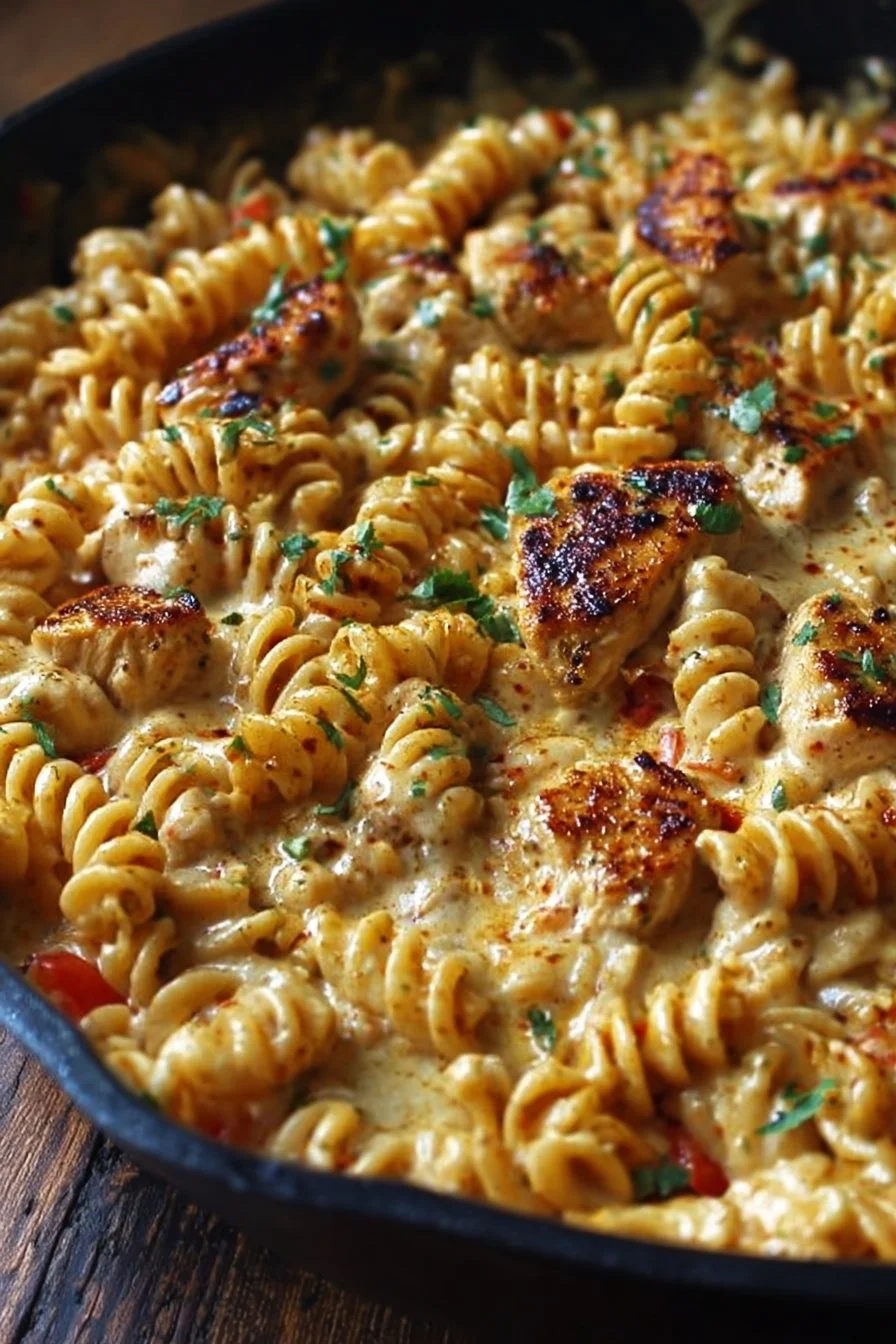Cheesy Cajun Garlic Chicken Rotini Skillet with fresh herbs and cheese