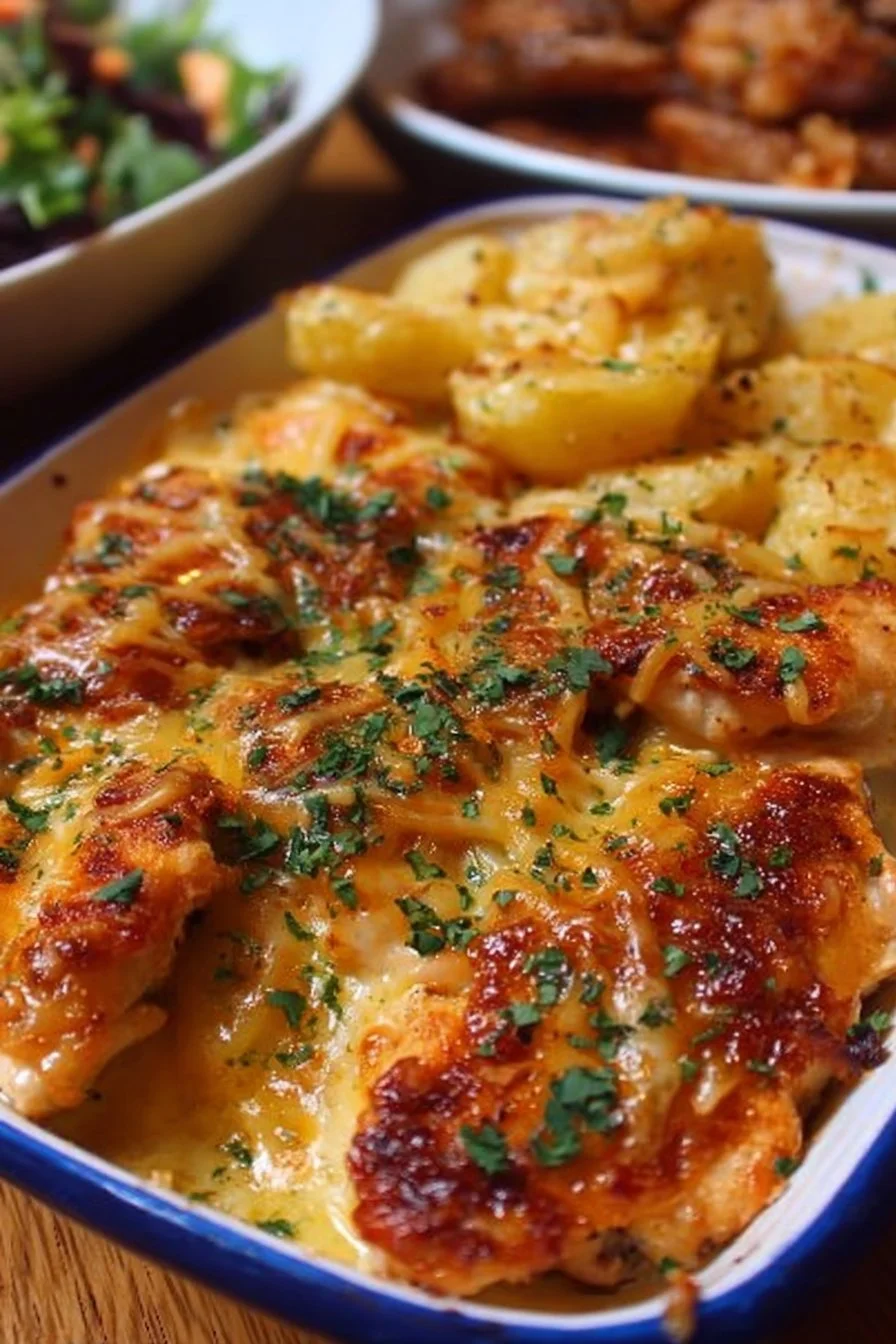 Delicious Cheesy Chicken and Potatoes dish served on a plate