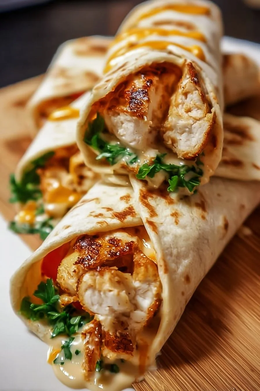 Delicious cheesy garlic chicken wraps ready to be served.