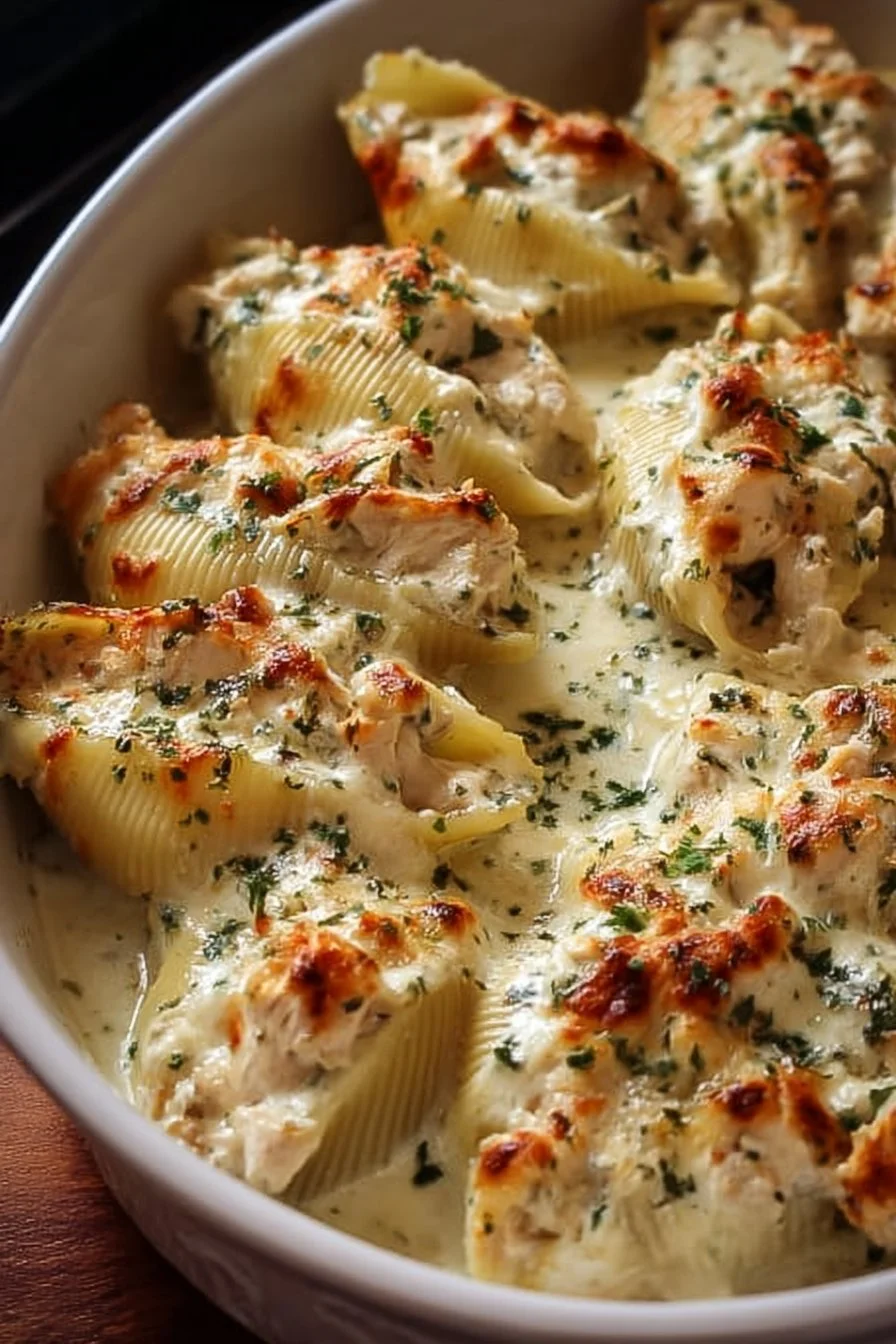 Delicious Chicken Alfredo Stuffed Shells topped with creamy sauce and herbs