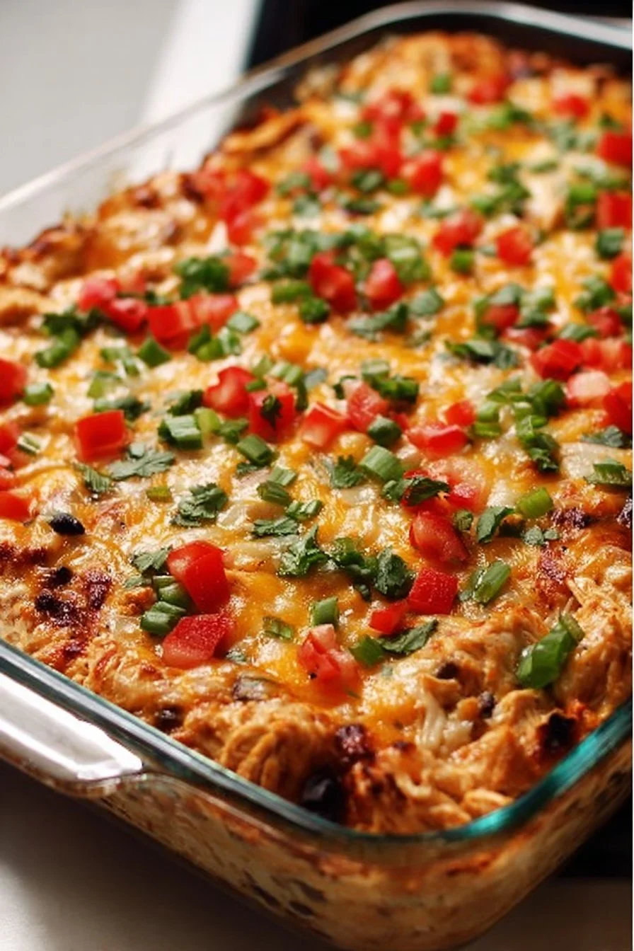 Delicious Chicken Burrito Casserole served in a baking dish
