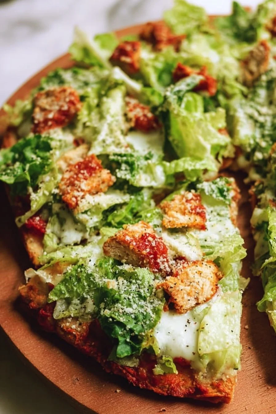 Delicious Chicken Caesar Salad Pizza topped with grilled chicken and Caesar dressing